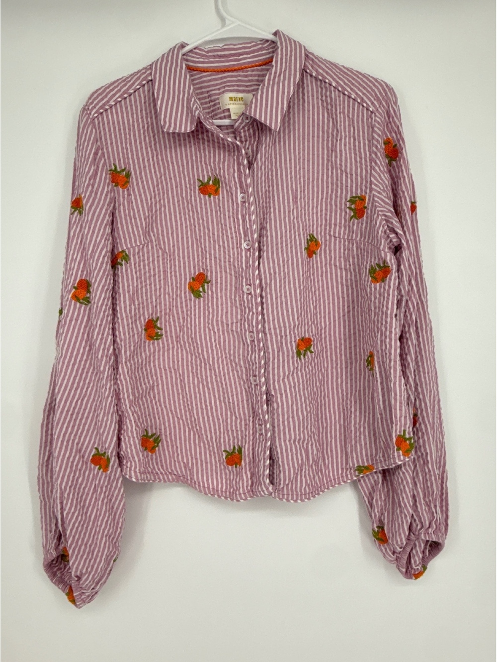 Maeve by Anthropologie Medium Pink Striped Embroidered Floral Button-Up Shirt